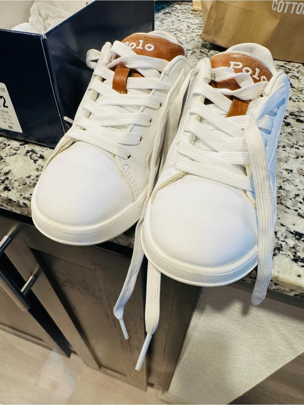 Ralph Lauren White Sneakers with Brown Suede Heel Kids Polo Shoes